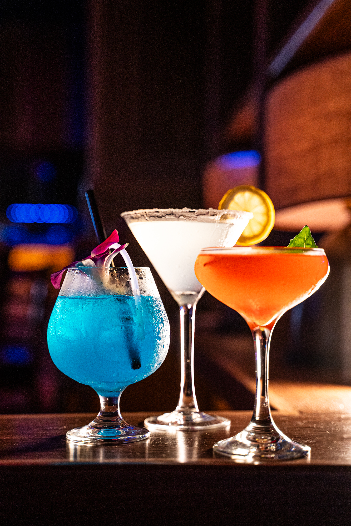 Signature handcrafted cocktails at Blue Martini Brickell, one of Miami's top restaurant bars for creative drinks and nightlife.